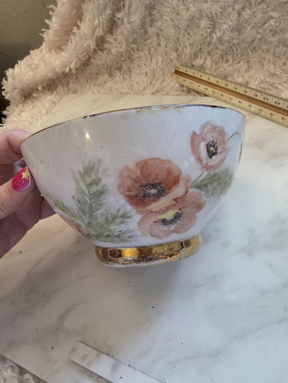 Floral Ceramic Decorative Bowl with Gold Trim - White & Peach